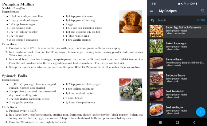 PDF recipe book and recipe app